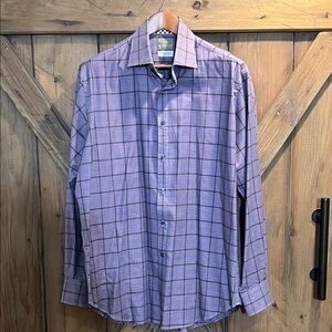 Thomas Dean Mens Button Shirt Purple Geometric XL Cotton Long Sleeve Collar